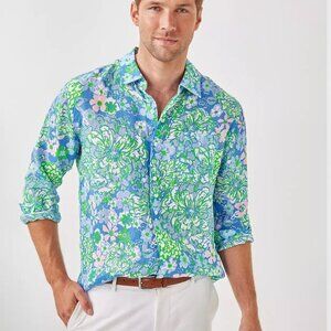 Lilly Pulitzer Men's Stuff Addison Shirt Sunwashed Blue Plumes In Bloom NWOT